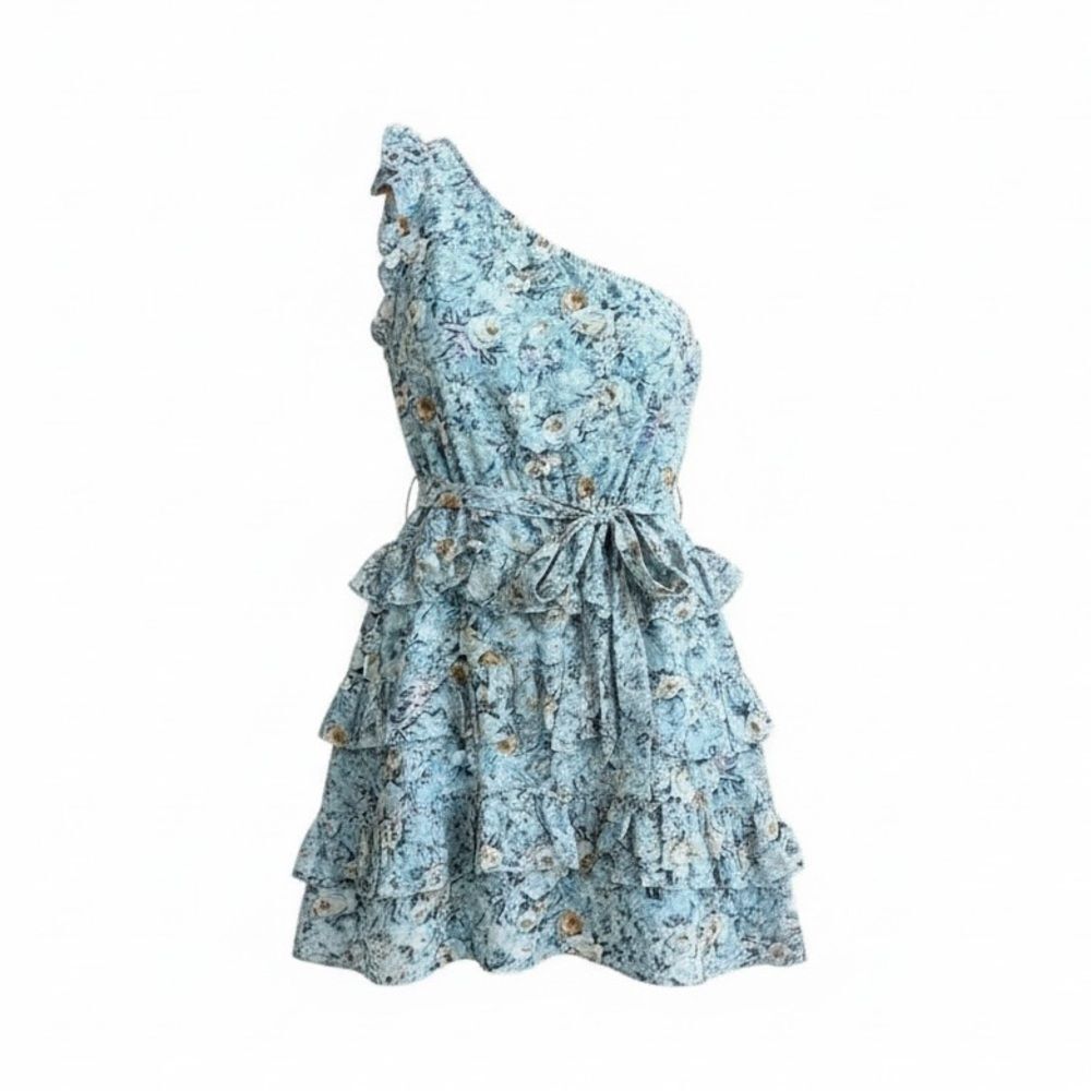 BTFBM Floral Elastic Waist Ruffle Tiered One Shoulder Sundress Multicolor Medium